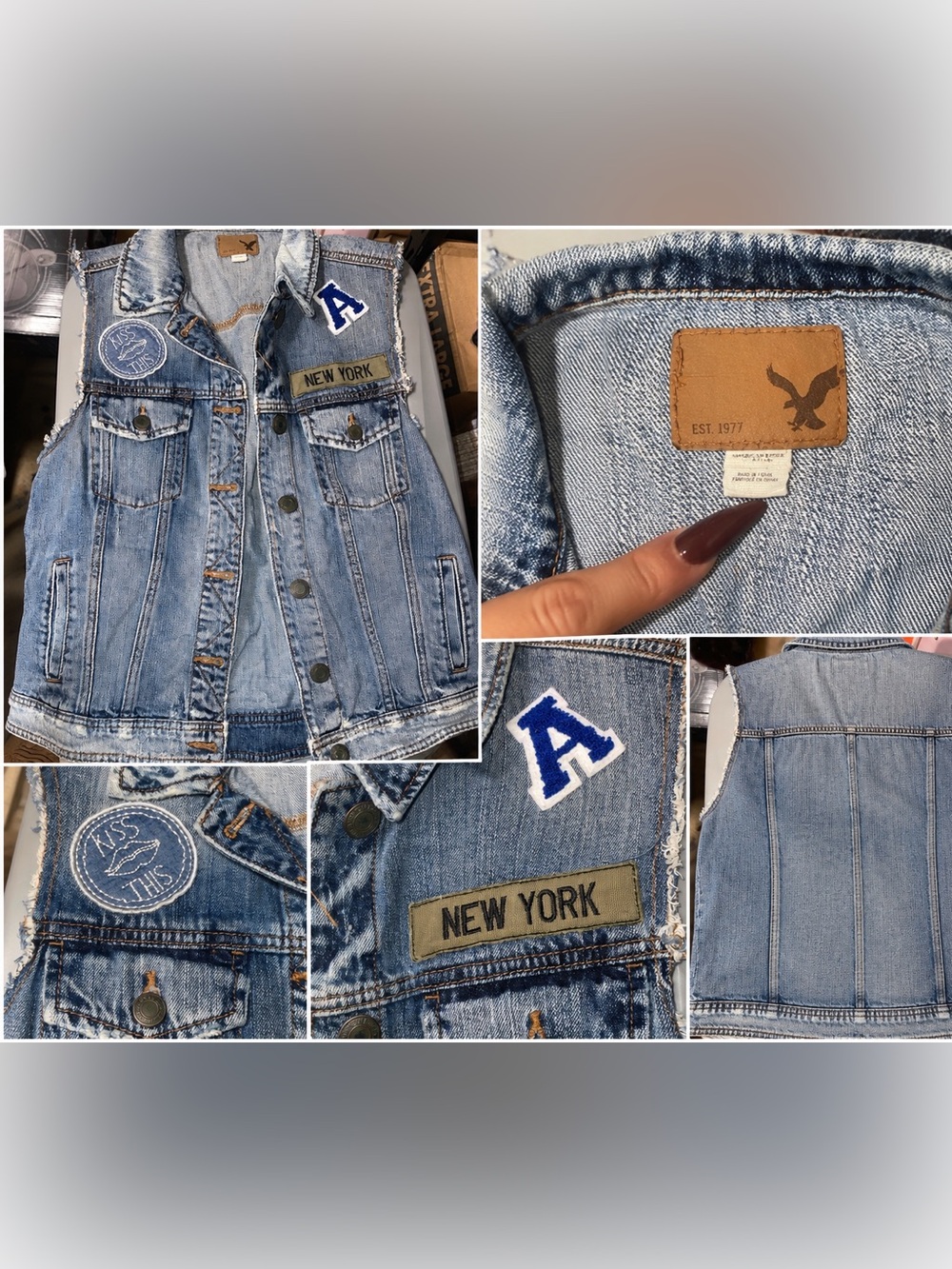 American Eagle Outfitters Light Blue Patch Denim Vest